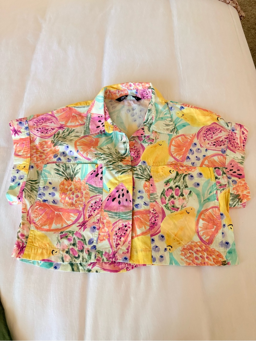 Y2K Zara Multicolor Tropical Fruit Print Crop Button-Down Shirt
